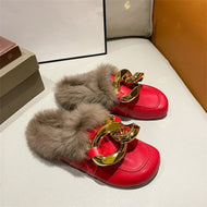 Metal Chain Lazy Slippers with Faux Fur