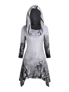 Long Sleeve Halloween Tree Print Hooded Asymmetric Cape Top