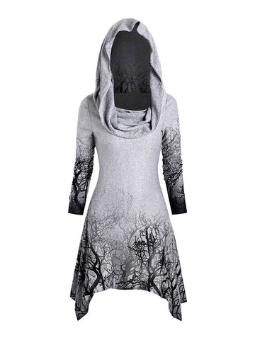 Long Sleeve Halloween Tree Print Hooded Asymmetric Cape Top