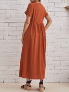 Short Sleeve Round Neck Cotton And Linen Dress