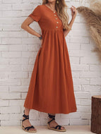 Short Sleeve Round Neck Cotton And Linen Dress