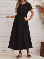 Short Sleeve Round Neck Cotton And Linen Dress