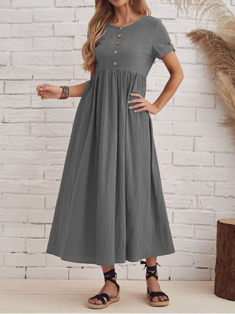 Short Sleeve Round Neck Cotton And Linen Dress