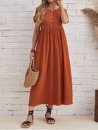 Short Sleeve Round Neck Cotton And Linen Dress