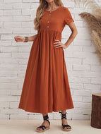 Short Sleeve Round Neck Cotton And Linen Dress