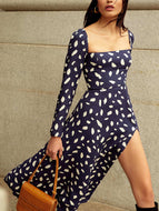 Floral Square Neck Long Sleeve Slit Design Dress Slim Fit Sexy Midi Dress