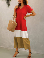 Summer New Style Stitching Contrast Color V-neck Short-sleeved Long Dress