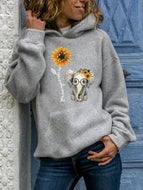 Plus Size  Women's Sunflower Letters Printed Hooded Sweatshirt