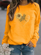 Dragonfly Print Crew Neck Long Sleeve Fleece Sweatshirt