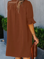 Summer New Chiffon Dress Amazon Loose Middle Sleeve Solid Color V Neck and Knee Skirt