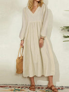 Cotton Linen Loose Lantern Sleeve Dress