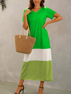 Summer New Style Stitching Contrast Color V-neck Short-sleeved Long Dress