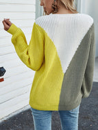 Women's Loose Stitching Contrast Color Knitted Round Neck Sweater