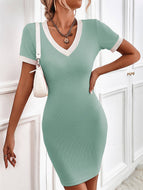 Solid Color V-Neck Short Sleeve Slim Fit Bottoming Knit Dress