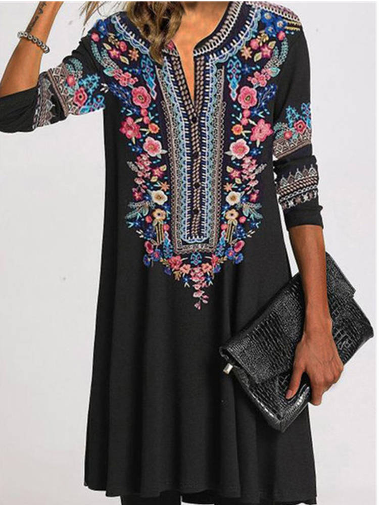 Western Style Ethnic Print Stand Collar Mid Sleeve Loose Plus Size Dress