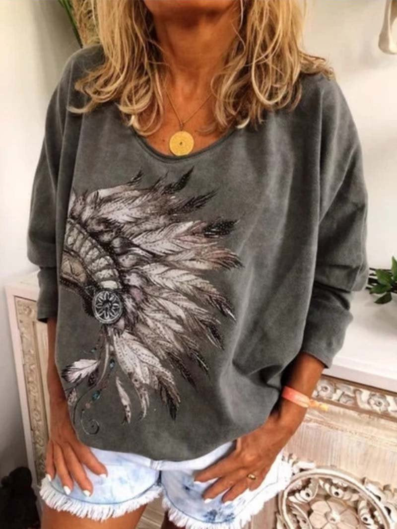 Fall Tribal Feather Print Long Sleeve Crew Neck T-Shirt Top