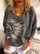 Fall Tribal Feather Print Long Sleeve Crew Neck T-Shirt Top