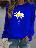 Sunflower Print Crew Neck Long Sleeve Fleece Sweatshirt