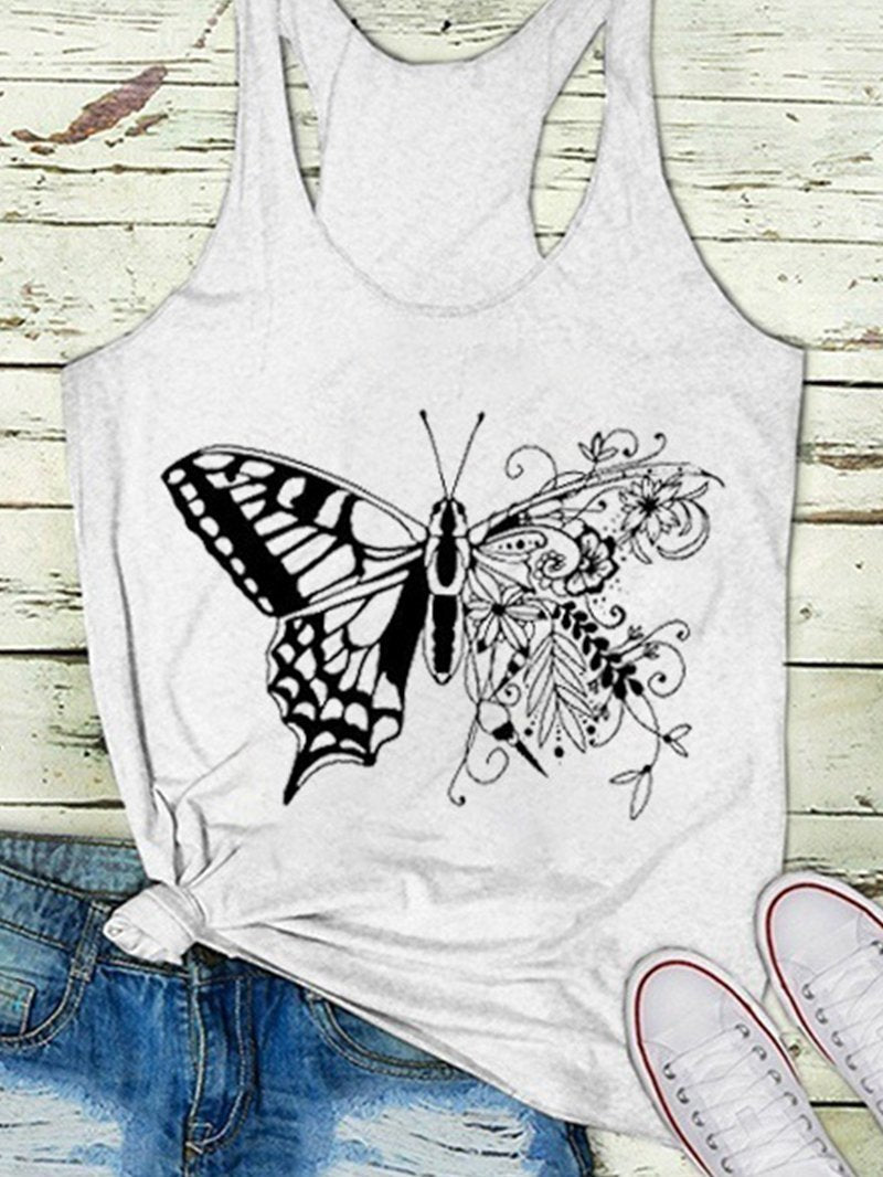 Black Butterfly Printed Casual Sleeveless Vest