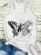 Black Butterfly Printed Casual Sleeveless Vest