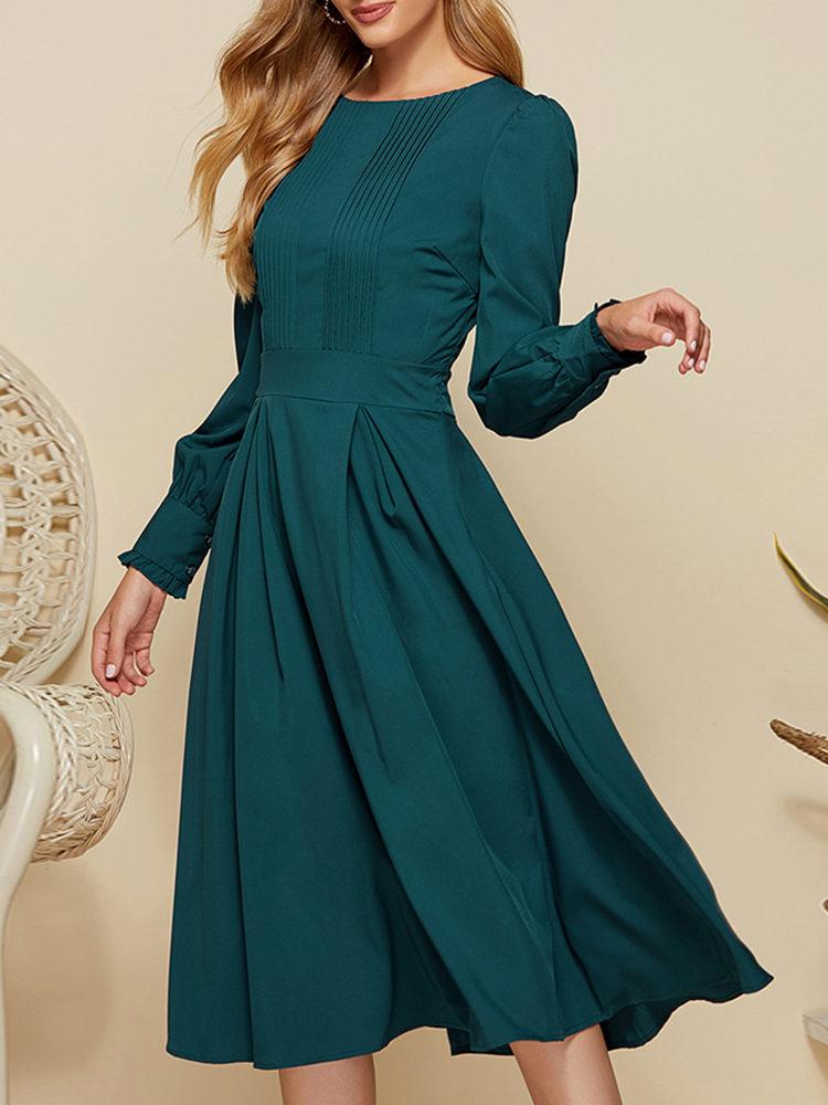 Solid Color Lantern Sleeve Dress