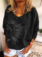 Fall Tribal Feather Print Long Sleeve Crew Neck T-Shirt Top