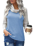 Women's spliced long sleeve pile neck top striped sleeve printed T-shirt