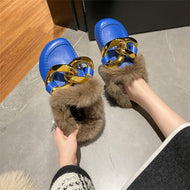 Metal Chain Lazy Slippers with Faux Fur