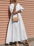 Cotton and linen Solid Color Lantern Sleeve long dress