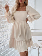 Square Neck Long Sleeve Ruffled High Waist Dress