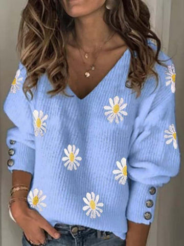 Flower Printed V-neck Shirt Tops