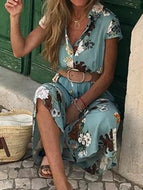 Flower shirt collar short sleeve long dress