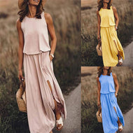 Women's Round Neck Sleeveless Slit Four-Color Solid Color Dress