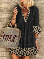 New Women's Hot Selling Fashion Leopard Print Stitching Cotton and Linen Dress