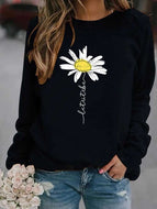 Sunflower Print Crew Neck Long Sleeve Fleece Sweatshirt