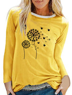 Spring and summer new dandelion printing women's long sleeve T-shirt round neck loose