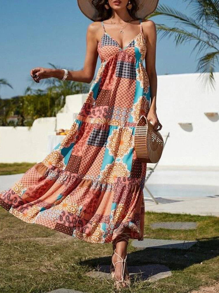 Summer Boho Cashew Floral Print Open Back Suspenders Dress