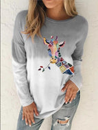 Gradient Giraffe Print Round Neck Long Sleeve T-shirt Top