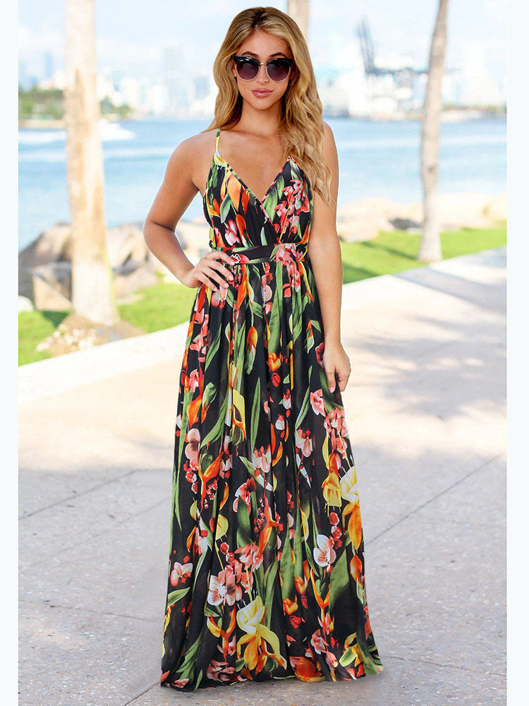 Bohemian Floral Sling Dress Seaside Beach V-Neck Women's Plus Size Robe Maxi Dresses