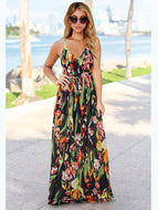 Bohemian Floral Sling Dress Seaside Beach V-Neck Women's Plus Size Robe Maxi Dresses