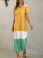 Summer New Style Stitching Contrast Color V-neck Short-sleeved Long Dress