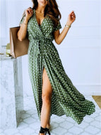 Sexy Short Sleeve V-Neck Bohemian Polka Dot Print Dress Maxi Dresses For Beach