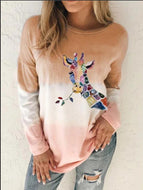 Gradient Giraffe Print Round Neck Long Sleeve T-shirt Top