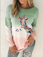 Gradient Giraffe Print Round Neck Long Sleeve T-shirt Top