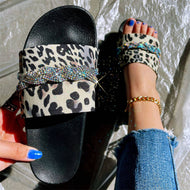 Leopard Print Sandals Flat Bottom Large Size European and American Wear Bright Diamond Slippers