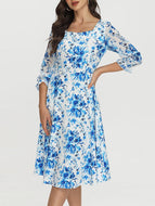 Blue Printed Square Neck Dress