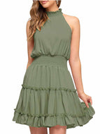 Women Solid Color Sleeveless Halterneck Pleated Waist Slim Cake Dress