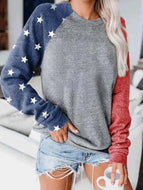 Loose Round Neck Printed Long-sleeved Color Block Sweatshirt