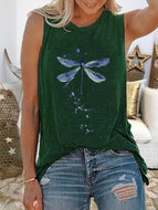 Casual Dragonfly Print Crew Neck Sleeveless Top