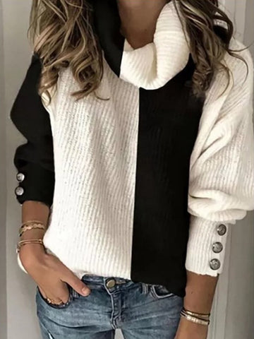 Women's Contrast Knit High Neck Knit Fashion Casual Pullover Sweater